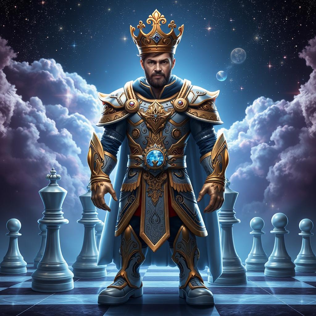 A majestic prince character designed for a chess-themed space universe, wearing an ornate chess piece-inspired armor with intricate patterns and textures