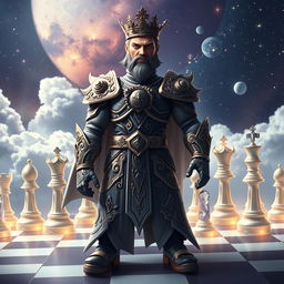 A majestic prince character designed for a chess-themed space universe, wearing an ornate chess piece-inspired armor with intricate patterns and textures