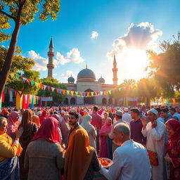 A vibrant and colorful celebration of the Islamic event of Mubahala (the day of mutual calling), depicting a gathering of diverse people in traditional clothing, engaging in prayers and joyful interactions