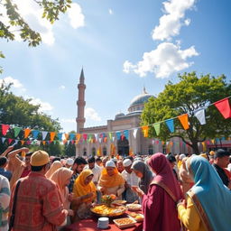 A vibrant and colorful celebration of the Islamic event of Mubahala (the day of mutual calling), depicting a gathering of diverse people in traditional clothing, engaging in prayers and joyful interactions