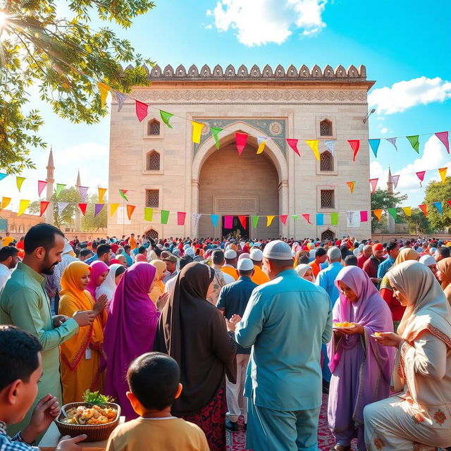 A vibrant and colorful celebration of the Islamic event of Mubahala (the day of mutual calling), depicting a gathering of diverse people in traditional clothing, engaging in prayers and joyful interactions