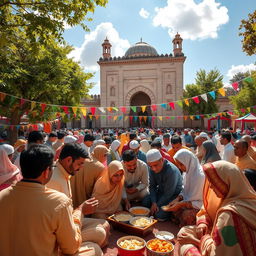 A vibrant and colorful celebration of the Islamic event of Mubahala (the day of mutual calling), depicting a gathering of diverse people in traditional clothing, engaging in prayers and joyful interactions