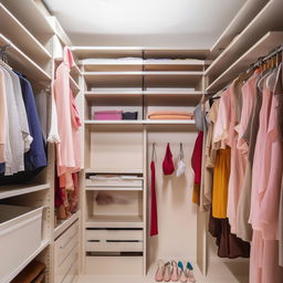 Design an image of a spacious and organized wardrobe storage system.