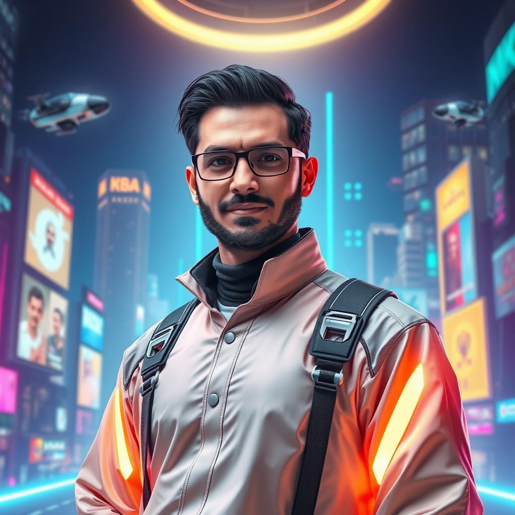 A futuristic portrait of Mohammad Amin Sadeghi, showcasing a vision of him in a modern, tech-savvy world