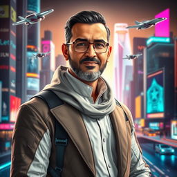 A futuristic portrait of Mohammad Amin Sadeghi, showcasing a vision of him in a modern, tech-savvy world