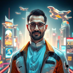 A futuristic portrait of Mohammad Amin Sadeghi, showcasing a vision of him in a modern, tech-savvy world