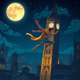 A moonlit night scene depicting a vibrant cityscape with towering buildings and a majestic bell tower glowing under the silvery moonlight