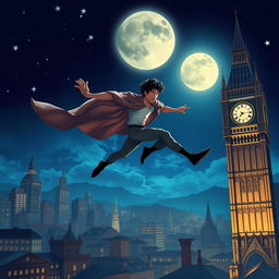 A moonlit night scene depicting a vibrant cityscape with towering buildings and a majestic bell tower glowing under the silvery moonlight