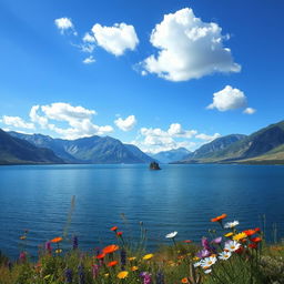 A serene and picturesque landscape depicting a calm lake surrounded by majestic mountains under a bright blue sky with fluffy white clouds