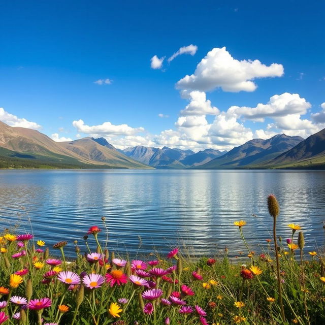 A serene and picturesque landscape depicting a calm lake surrounded by majestic mountains under a bright blue sky with fluffy white clouds