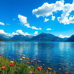 A serene and picturesque landscape depicting a calm lake surrounded by majestic mountains under a bright blue sky with fluffy white clouds