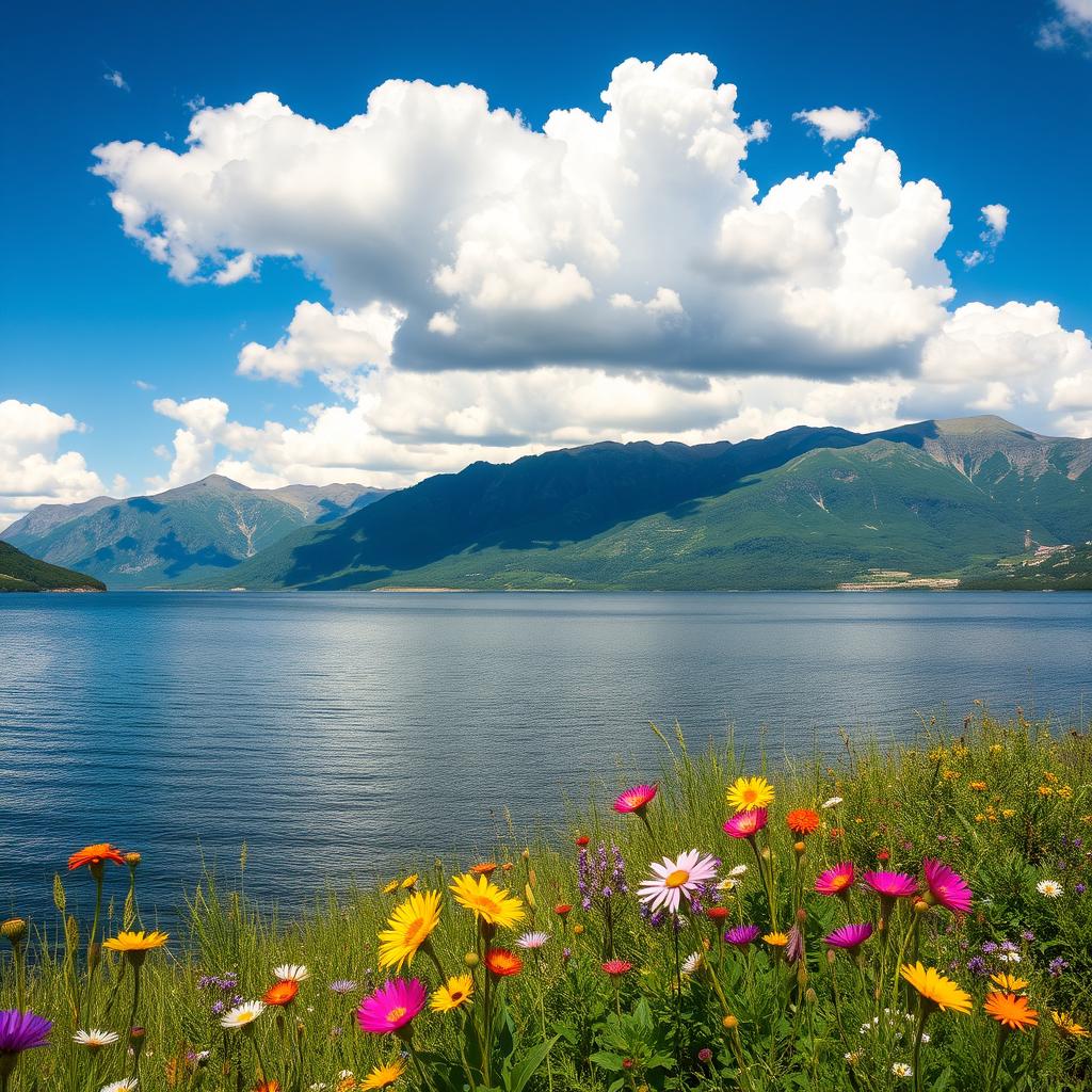 A serene and picturesque landscape depicting a calm lake surrounded by majestic mountains under a bright blue sky with fluffy white clouds