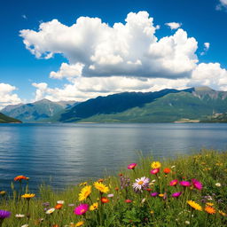 A serene and picturesque landscape depicting a calm lake surrounded by majestic mountains under a bright blue sky with fluffy white clouds