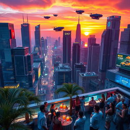 An epic, futuristic cityscape at sunset, filled with towering skyscrapers made of glass and steel reflecting vibrant orange and purple hues of the sky