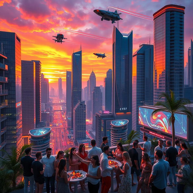 An epic, futuristic cityscape at sunset, filled with towering skyscrapers made of glass and steel reflecting vibrant orange and purple hues of the sky