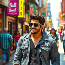 A vibrant urban street scene featuring the South Indian film star Allu Arjun casually walking down the sidewalk with his signature stylish look