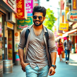 A vibrant urban street scene featuring the South Indian film star Allu Arjun casually walking down the sidewalk with his signature stylish look