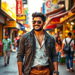 A vibrant urban street scene featuring the South Indian film star Allu Arjun casually walking down the sidewalk with his signature stylish look