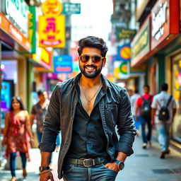 A vibrant urban street scene featuring the South Indian film star Allu Arjun casually walking down the sidewalk with his signature stylish look