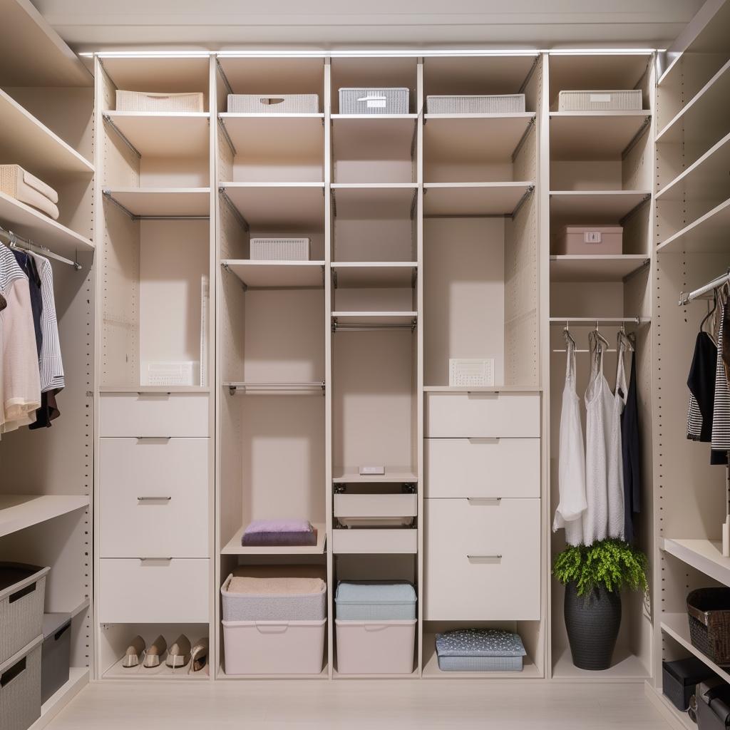 Design an image of a spacious and organized wardrobe storage system.