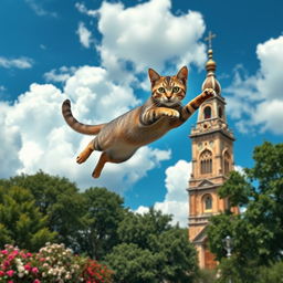 A graceful cat in mid-leap, soaring through the air towards a grand bell tower