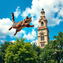 A graceful cat in mid-leap, soaring through the air towards a grand bell tower