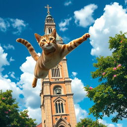 A graceful cat in mid-leap, soaring through the air towards a grand bell tower