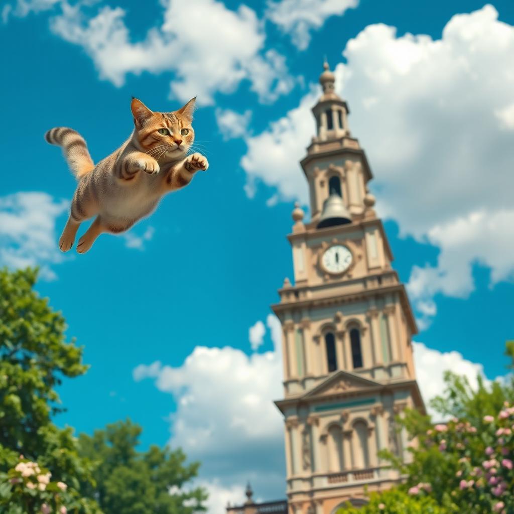 A graceful cat in mid-leap, soaring through the air towards a grand bell tower