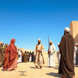 In a historical scene depicting the event of Mubahala, the Prophet Muhammad (peace be upon him) is leading a group of prominent figures in Islamic history, including Fatimah Zahra, Imam Ali, Imam Hasan, and Imam Hussain, as they approach a gathering of Christian leaders from Najran