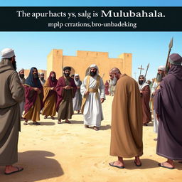 In a historical scene depicting the event of Mubahala, the Prophet Muhammad (peace be upon him) is leading a group of prominent figures in Islamic history, including Fatimah Zahra, Imam Ali, Imam Hasan, and Imam Hussain, as they approach a gathering of Christian leaders from Najran
