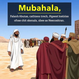 In a historical scene depicting the event of Mubahala, the Prophet Muhammad (peace be upon him) is leading a group of prominent figures in Islamic history, including Fatimah Zahra, Imam Ali, Imam Hasan, and Imam Hussain, as they approach a gathering of Christian leaders from Najran