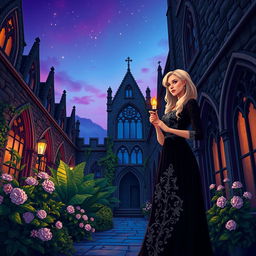 A vibrant illustration of a gothic-style courtyard at dusk, featuring gothic architecture with pointed arches and intricate stonework