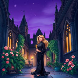 A vibrant illustration of a gothic-style courtyard at dusk, featuring gothic architecture with pointed arches and intricate stonework
