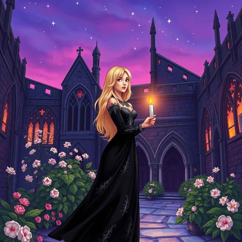 A vibrant illustration of a gothic-style courtyard at dusk, featuring gothic architecture with pointed arches and intricate stonework