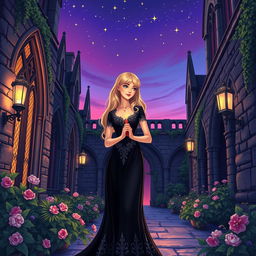 A vibrant illustration of a gothic-style courtyard at dusk, featuring gothic architecture with pointed arches and intricate stonework