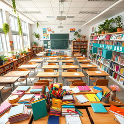 An enormous classroom filled with a variety of stationery items, including colorful notebooks, pencils, markers, and art supplies