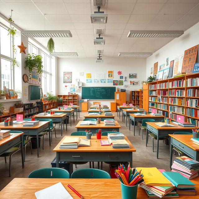 An enormous classroom filled with a variety of stationery items, including colorful notebooks, pencils, markers, and art supplies