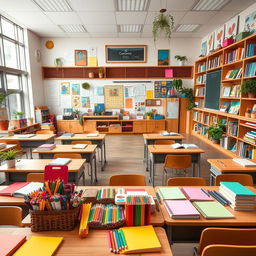 An enormous classroom filled with a variety of stationery items, including colorful notebooks, pencils, markers, and art supplies