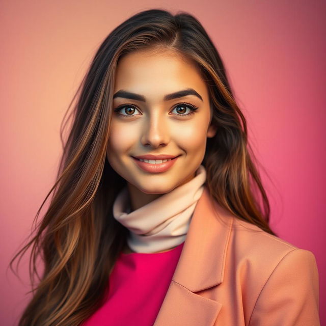 A vibrant and eye-catching portrait of a young woman with long flowing hair, wearing a stylish outfit that reflects confidence and elegance