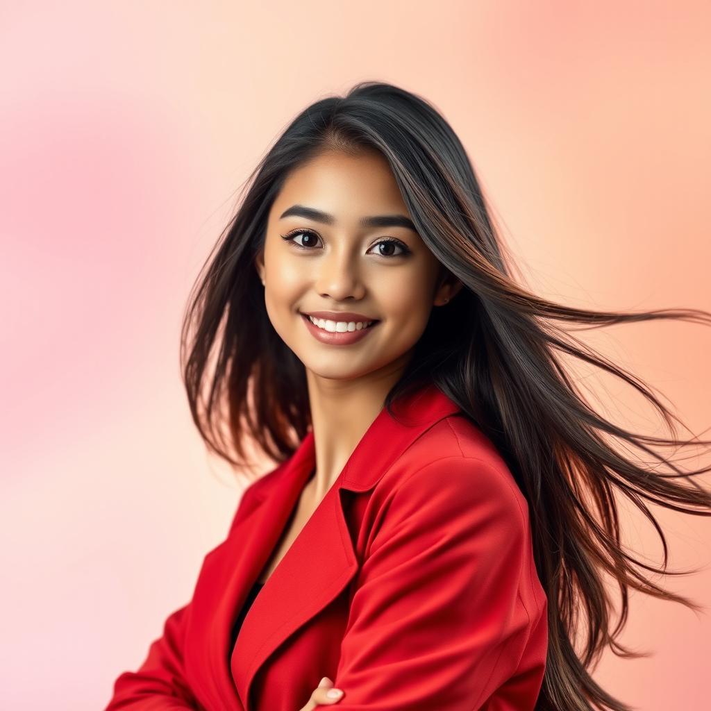 A vibrant and eye-catching portrait of a young woman with long flowing hair, wearing a stylish outfit that reflects confidence and elegance