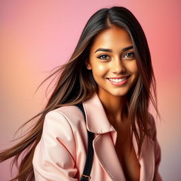A vibrant and eye-catching portrait of a young woman with long flowing hair, wearing a stylish outfit that reflects confidence and elegance