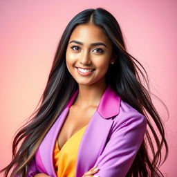 A vibrant and eye-catching portrait of a young woman with long flowing hair, wearing a stylish outfit that reflects confidence and elegance