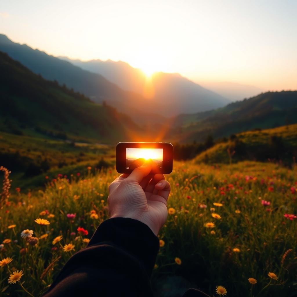 A distant perspective scene capturing a stunning sunset over a lush green valley, with the silhouette of a person holding a camera, appearing to take a photograph of a vibrant landscape filled with blooming wildflowers, golden sunlight casting a warm glow on the scene