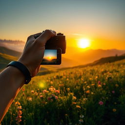 A distant perspective scene capturing a stunning sunset over a lush green valley, with the silhouette of a person holding a camera, appearing to take a photograph of a vibrant landscape filled with blooming wildflowers, golden sunlight casting a warm glow on the scene