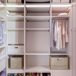 Design an image of a spacious and organized wardrobe storage system.