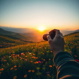 A distant perspective scene capturing a stunning sunset over a lush green valley, with the silhouette of a person holding a camera, appearing to take a photograph of a vibrant landscape filled with blooming wildflowers, golden sunlight casting a warm glow on the scene
