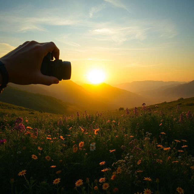 A distant perspective scene capturing a stunning sunset over a lush green valley, with the silhouette of a person holding a camera, appearing to take a photograph of a vibrant landscape filled with blooming wildflowers, golden sunlight casting a warm glow on the scene