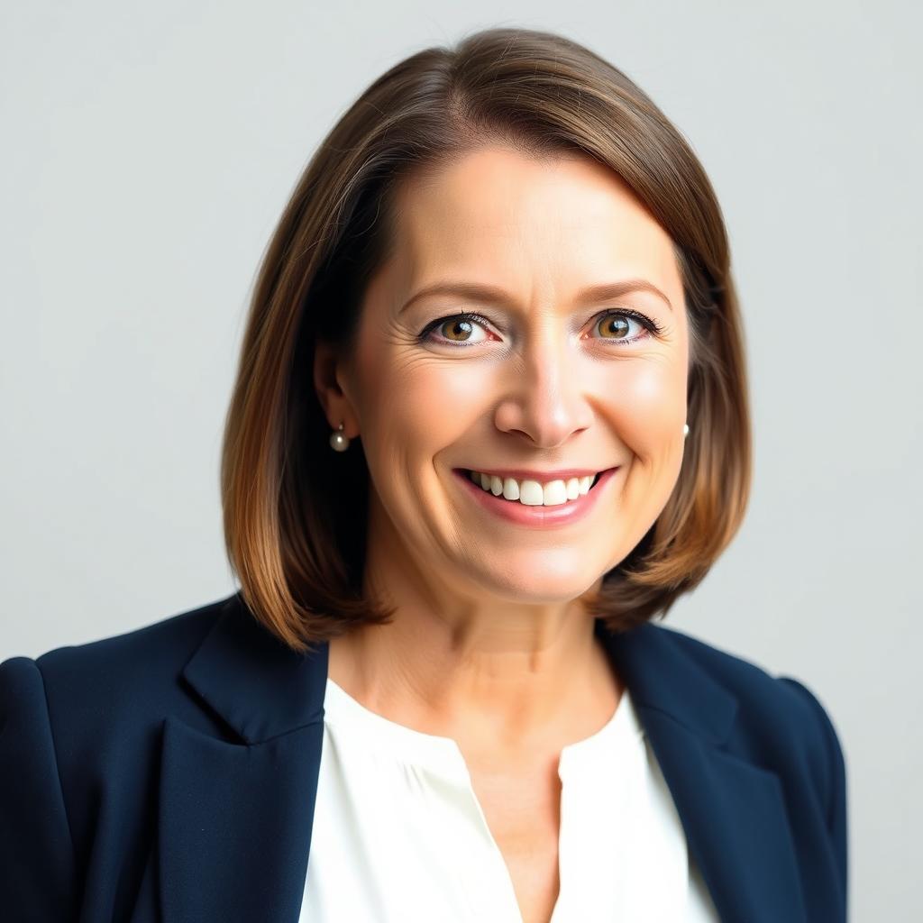 A professional passport size photo of a middle-aged woman with an attractive smile, wearing a navy blue blazer and a white blouse