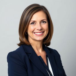 A professional passport size photo of a middle-aged woman with an attractive smile, wearing a navy blue blazer and a white blouse