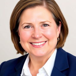 A professional passport size photo of a middle-aged woman with an attractive smile, wearing a navy blue blazer and a white blouse